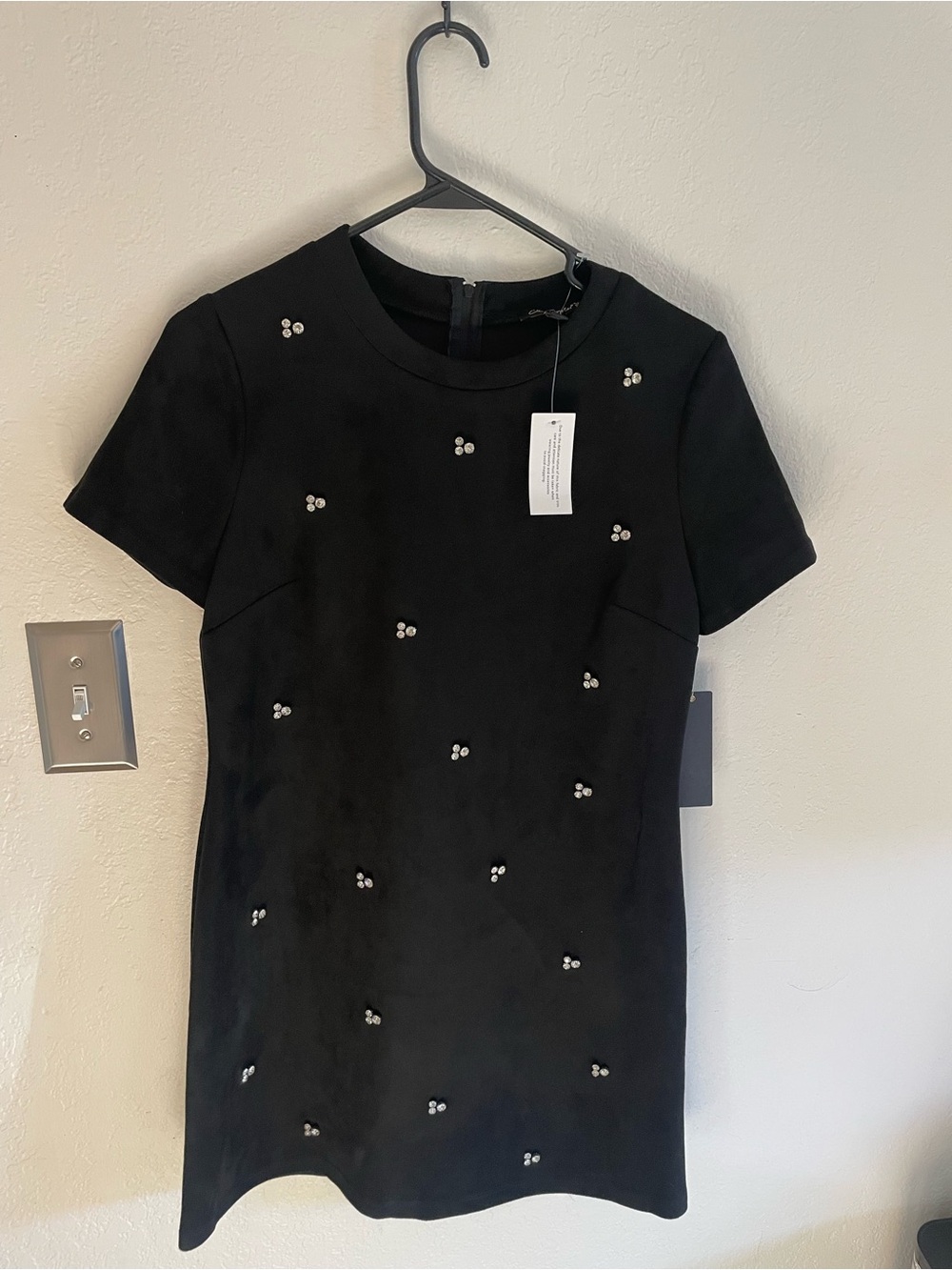 City Triangles Black Mini Dress with Pearl Dot Embellishments